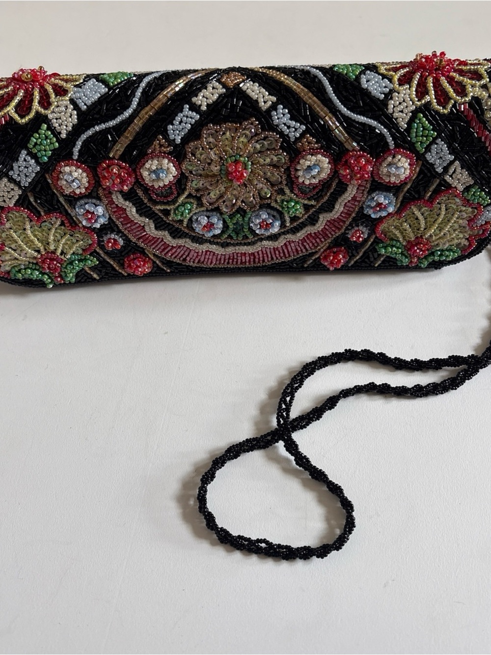 La Regale Black Beaded Floral Evening Clutch with Red, Green & Gold Accents